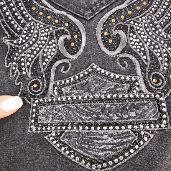 Harley Davidson Womens Sz M Winged Rhinestones Logo Zip-Front Denim Vest Black - Picture 7 of 14